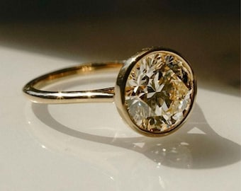 Bezel Solitaire Ring for Women, 3.00 CT Round Cut Diamond Engagement Ring, 18k Solid Gold Promise Ring