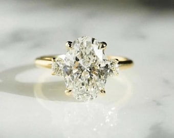 2.20 CT Oval Lab Grown Diamond Engagement Ring, 14k Solid Gold Three Stone Ring, Promised Gift