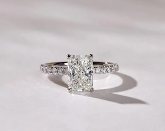 2.50 CT Radiant Cut Lab Grown Diamond Engagement Ring, 14K White Gold Diamond Pavé Band, Promise Ring for Her