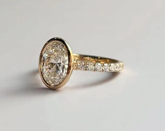 Oval Diamond Bezel Ring in 14k Yellow Gold, 2.00 CT Oval Engagement Ring with Pavé Diamond Band