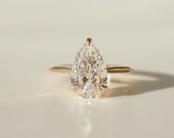 Pear Cut Lab Grown Diamond Solitaire Ring, 18K Solid Yellow Gold Engagement Ring, Anniversary Gift