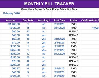 Monthly Bill Tracker Excel | Bill Payment Organizer Spreadsheet | Budget Template | Never Miss a Payment