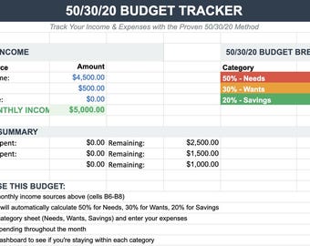 50/30/20 Budget Spreadsheet | Monthly Finance Planner Excel | Money Tracker Template