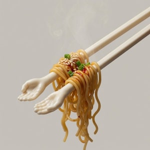 Puede incluir: Un par de palillos blancos con extremos en forma de manos en miniatura que sostienen una porción de fideos. Los fideos están cubiertos con una salsa roja y adornados con semillas de sésamo y cebolletas. El vapor se eleva de los fideos sobre un fondo neutro.