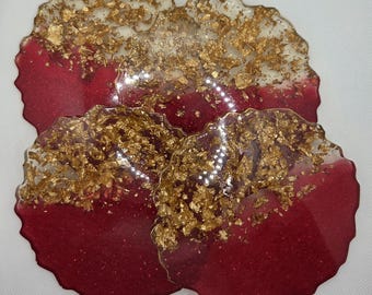 4 piece, Red and clear round epoxy coasters, with Gold Flake accent.