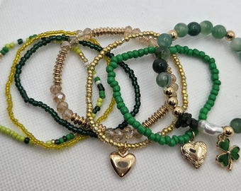 Green/"Lucky" Stackable Beaded Bracelets