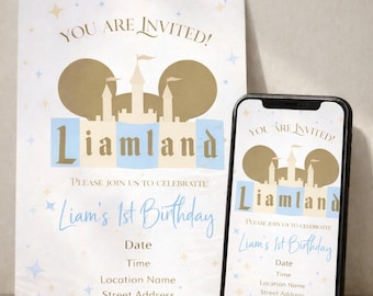 Disneyland Birthday Invitation, Editable Canva Template, Magical First Birthday Invite