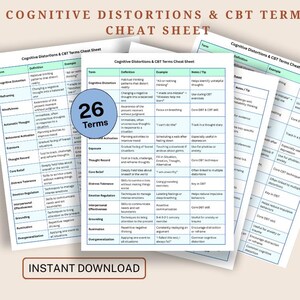 Op de afbeelding: Een verzameling afdrukbare spiekbriefjes met de titel "Cognitive Distortions & CBT Terms". De vellen bevatten lijsten met termen, definities en voorbeelden. Een cirkelvormige afbeelding leest "26 termen". De woorden "Direct downloaden" staan onderaan.