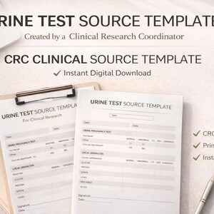 Peut inclure: Un modèle de recherche clinique intitulé « URINE TEST SOURCE TEMPLATE » avec le texte « CRC CLINICAL SOURCE TEMPLATE » et « Instant Digital Download ». Le modèle est sur un presse-papiers avec une tasse de café et un ordinateur portable en arrière-plan.