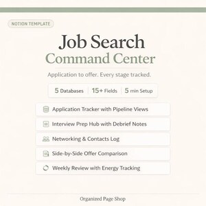 Op de afbeelding: Een digitaal product getiteld "Job Search Command Center" met de tekst "Application to offer. Every stage tracked." Functies zijn onder meer 5 databases, 15+ velden en een installatie van 5 minuten. Inclusief een applicatietracker, interviewvoorbereiding, netwerklogboek, aanbiedingsvergelijking en wekelijkse beoordeling.