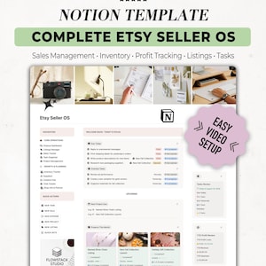 May include: A Notion template titled Complete Etsy Seller OS featuring a digital dashboard for sales management, inventory, profit tracking, listings, and tasks. The interface includes navigation menus, task lists, project progress bars, and a pink badge stating Easy Video Setup.