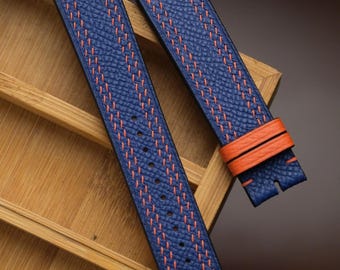 Blaues Epsom Lederarmband, handgefertigt, orangefarbene Naht, Größen anpassbar