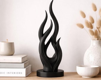 Abstract Flame Sculpture – Modern Minimalist Shelf Decor – Black Flame Art – 3D Printed Home Accent