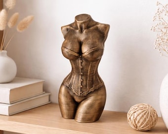 Bronze Painted Corset Torso Sculpture – Vintage Inspired Female Body Shelf Decor
