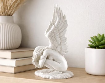 Minimalistische engelsculptuur | Wit gevleugeld beeldje | Modern woondecoratiestandbeeld | Emotioneel kunstwerk | Cadeau plankdecoratie