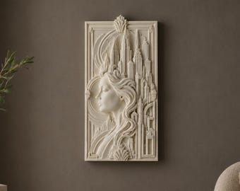 Art Deco City Dreamer Wall decor | Female Profile Relief | Modern Skyline Wall Decor | Elegant Wall Art | Art Nouveau Inspired Home Decor