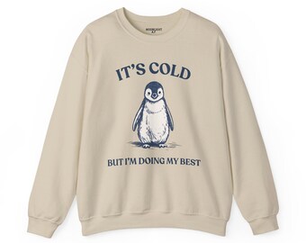 Felpa girocollo minimalista con pinguino, illustrazione di animali vintage, calore invernale