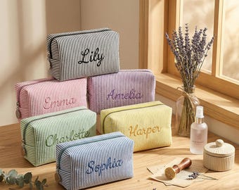 Personalized Seersucker Makeup Bag, Custom Embroidered Toiletry Bag, Bridal Party Gifts