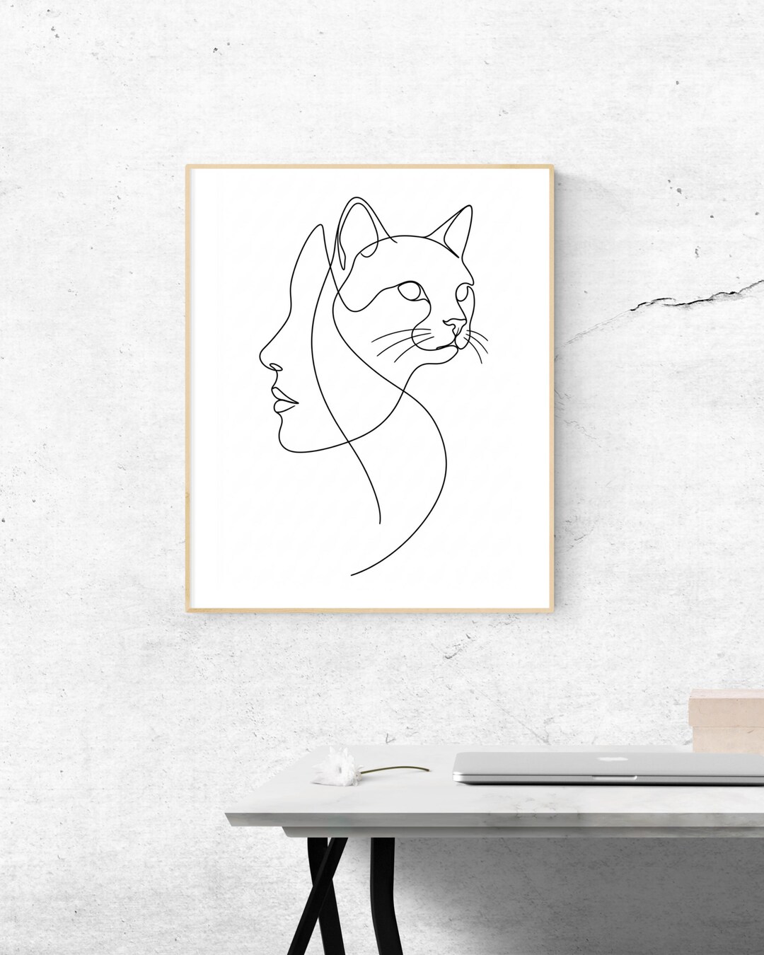 Minimalist Cat and Woman Line Art Printable, Black and White Cat Wall ...
