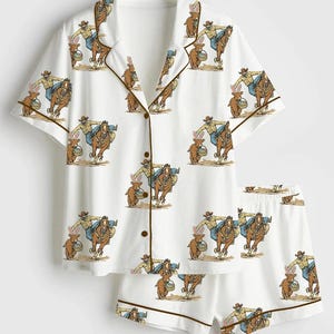 Cowboy-pyjamasset i satin för kvinnor, söt cowboy med kaninkorgtryck, kortärmad pyjamas, silkeslena cowgirl-pyjamasplagg för högtiderna bild 3