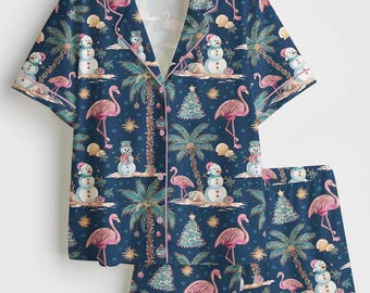 Satin Tropical Christmas Pjs, Flamingo Snowman Beach Pajama Set, Coastal Xmas Sleepwear for Her, Summer Holiday Lounge, Exotic Christmas Pjs