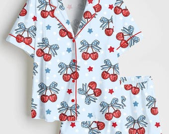 Patriotic Cherry Coquette Satin Pajama Set, 4th of July Bow PJs, Red White Blue Short Sleeve Sleepwear, USA 250th Birthday Lounge Gift