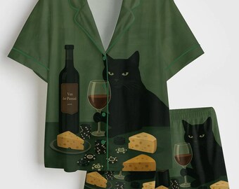 Pijama de satén con estampado de gato negro, vino y queso, conjunto de pijama de seda de manga larga, regalo para amantes de los gatos, ropa de estar por casa con estampado animal, pijama para damas de honor