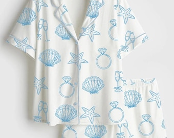 Last Toast On The Coast Bachelorette Pajama Set, Long Sleeve Silky Satin PJs, Bridal Party Gift, Coastal Theme Wedding Morning Sleepwear