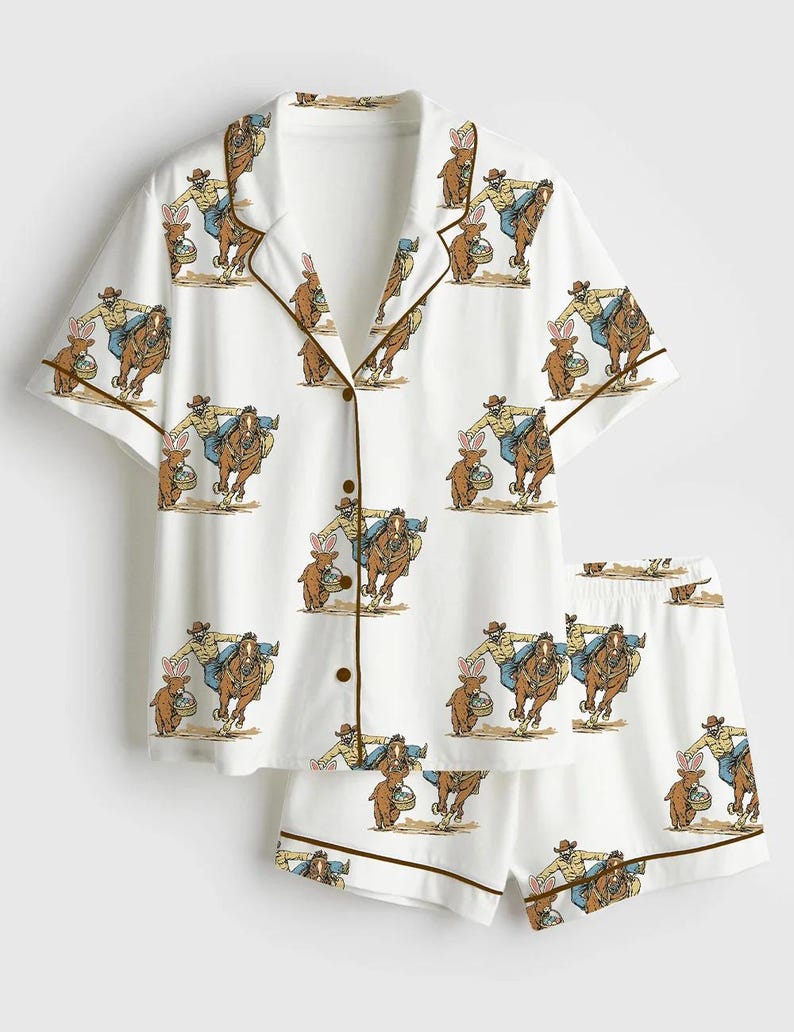 Cowboy-pyjamasset i satin för kvinnor, söt cowboy med kaninkorgtryck, kortärmad pyjamas, silkeslena cowgirl-pyjamasplagg för högtiderna bild 1