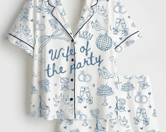 Wife Of The Party Pajamas, Bachelorette Short Sleeve Satin Pjs, Cute Bridal Wedding Party Sleepwear, Silky Bride Loungewear Gift Her