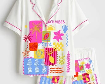 Pineapple and Shells Satin Pajamas, Tropical Coconut Tree Beach PJ Set, Women's Silky Short Sleeve Sleepwear, Summer Birthday Gift Her