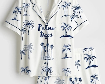 Women's Whimsical Tropical Satin Pjs, Palm Tree Coastal Print Long Sleeve Pajama Set, Aesthetic Summer Beach Loungewear, Silky Birthday Gift