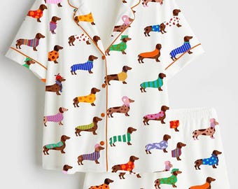 Sausage Dog Pajama Set, Long Sleeve Dachshund Sleepwear, Cute Puppy Pjs for Her, Doxie Owner Gift, Wiener Dog Clothing, Dog Print Lounge Set