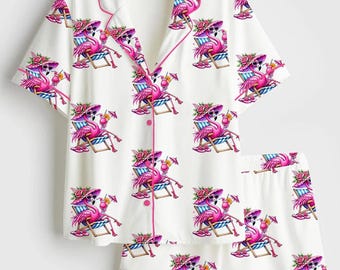 Pink Flamingo Pajamas Women, Tropical Satin Pjs Set, Summer Vacation Sleepwear, Flamingo with Sunglasses Long Sleeve Silky Lounge Set