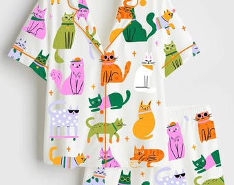 Pijama de satén con estampado de gatos coloridos para mujer, conjunto de pijama de lujo de manga corta, ropa de estar por casa con gatitos adorables, regalo de cumpleaños para ella, ropa de dormir estética