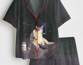 Conjunto de pijama de satén con estampado de gato gordo fumando y bebiendo, pijama original de manga larga, pijama sedoso para mujer, regalo único para amantes de los gatos, ropa de estar por casa moderna.
