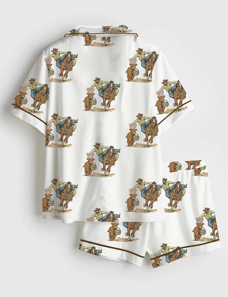 Cowboy-pyjamasset i satin för kvinnor, söt cowboy med kaninkorgtryck, kortärmad pyjamas, silkeslena cowgirl-pyjamasplagg för högtiderna bild 2