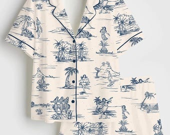 Retro Hawaiian Silky Satin Pajama Set, Vintage Paradise Beach Sleepwear, Long Sleeve Summer Loungewear, Floral Botanical Pjs, Luxury Gift