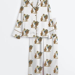 Cowboy-pyjamasset i satin för kvinnor, söt cowboy med kaninkorgtryck, kortärmad pyjamas, silkeslena cowgirl-pyjamasplagg för högtiderna bild 4