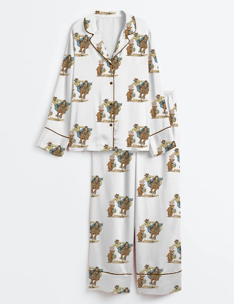 Cowboy-pyjamasset i satin för kvinnor, söt cowboy med kaninkorgtryck, kortärmad pyjamas, silkeslena cowgirl-pyjamasplagg för högtiderna bild 4