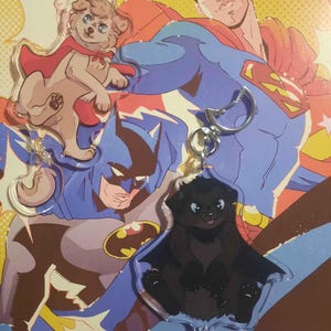 May include: Clear acrylic keychains featuring cartoon dogs dressed as superheroes. One dog is brown with a red cape, and the other is black with a blue cape. The background features illustrations of Superman and Batman.