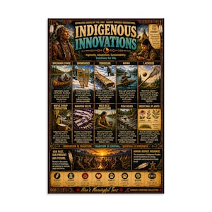 May include: A vertical educational poster titled Indigenous Innovations featuring illustrations and text about historical technologies including birchbark canoes, snowshoes, toboggans, kayaks, lacrosse, maple syrup, wampum belts, wild rice, fish weirs, and medicinal plants.