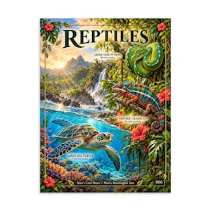 May include: A poster titled REPTILES featuring a green tree python, a panther chameleon, and a green sea turtle. The scene includes a tropical landscape with a waterfall, mountains, and coral reef. Text includes species names and Nico's Cool Shots.