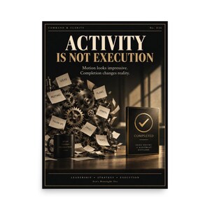 以下が含まれることがあります： ACTIVITY IS NOT EXECUTIONと書かれた黒と金のポスター。IDEAS、MEETINGS、PLANS、UPDATES、FOLLOW UPS、EMAILS、TASKSと書かれた付箋で覆われた機械的な歯車装置と、マグカップ、COMPLETEDと書かれた看板が描かれています。