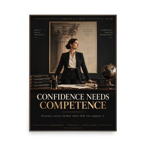 以下が含まれることがあります： 黒いスーツを着た人物がデスクの前に立ち、Strategy、Discipline、Execution、Long-Term Thinkingと書かれた本が置かれているモチベーションを高めるポスター。テキストには「Confidence Needs Competence」「Command & Clarity」などが記されています。