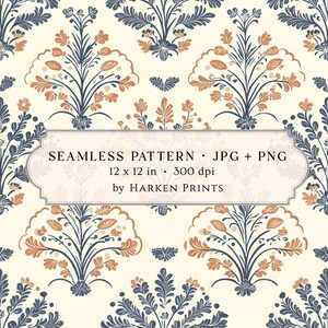 Könnte beinhalten: Ein nahtloses Muster mit stilisierten Blumenmotiven in Marineblau und Terrakotta-Orange auf cremefarbenem Hintergrund. Ein zentrales Etikett zeigt: SEAMLESS PATTERN • JPG + PNG, 12 x 12 in • 300 dpi, by HARKEN PRINTS. Das Design wiederholt botanische Elemente.