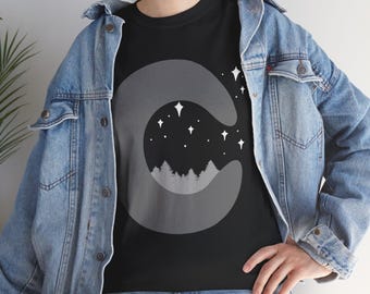 Crescent Moon Nightscape Tee | Halbmond Mitternacht Berg Silhouette, Sterne