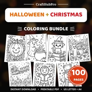 ハロウィンとクリスマスの塗り絵セット｜大人と子供向けの印刷可能な塗り絵ページ100枚｜ホリデー塗り絵シート（PDF）