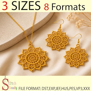 May include: A gold-colored embroidered lace jewelry set consisting of a pendant necklace and two matching drop earrings. Each piece features a circular mandala-style floral pattern. The text 3 SIZES 8 Formats and Stitch Ready FILE FORMAT: DST,EXP,JEF,HUS,PES,VP3,XXX is visible.