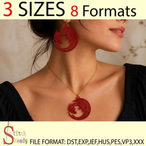 May include: Red dragon-shaped earrings and pendant necklace. The jewelry features a detailed dragon design. The image also includes the text "3 SIZES 8 Formats" and "FILE FORMAT: DST,EXP,JEF,HUS,PES,VP3,XXX".
